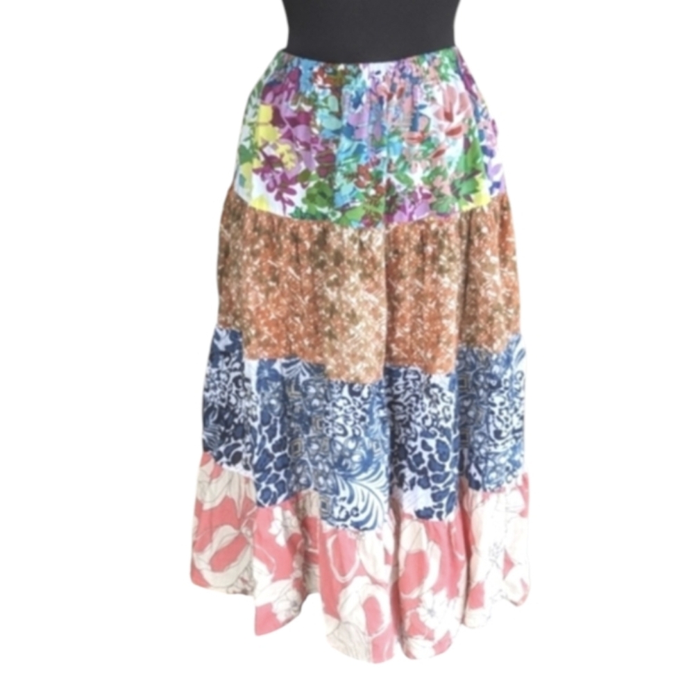 Vintage Y2K Maxi Skirt Cotton Sara Studio Petite SP Tiered Patchwork Bohemian